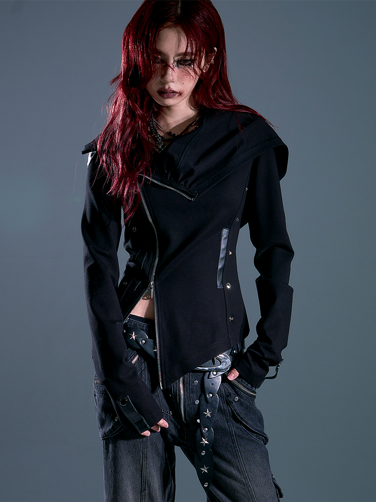 Zip Accents with Grommet Jacket Wasteland Two-Way Hoodie Stud Placket Punk Black Asymmetrical