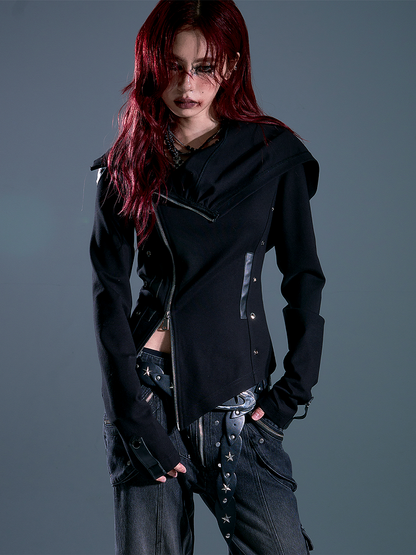 Zip Accents with Grommet Jacket Wasteland Two-Way Hoodie Stud Placket Punk Black Asymmetrical