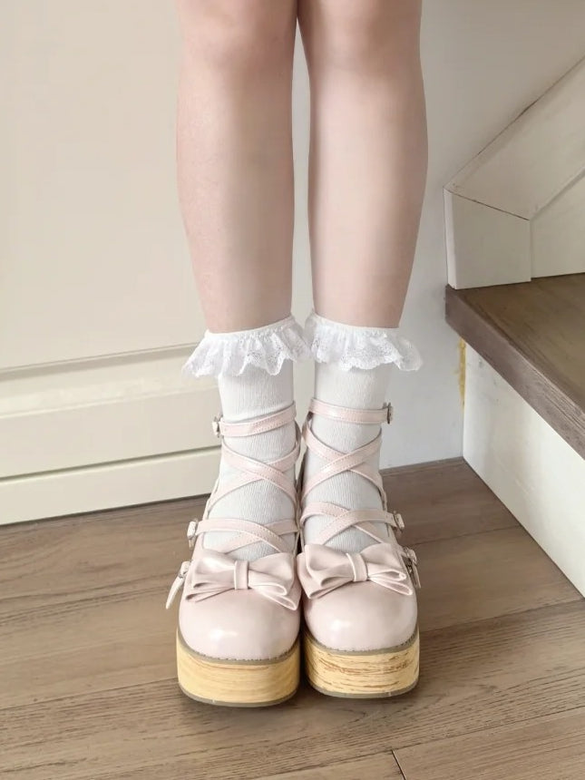 Design Round Accents Crisscross Pink Light Sweet Platforms Toe Bow PU -