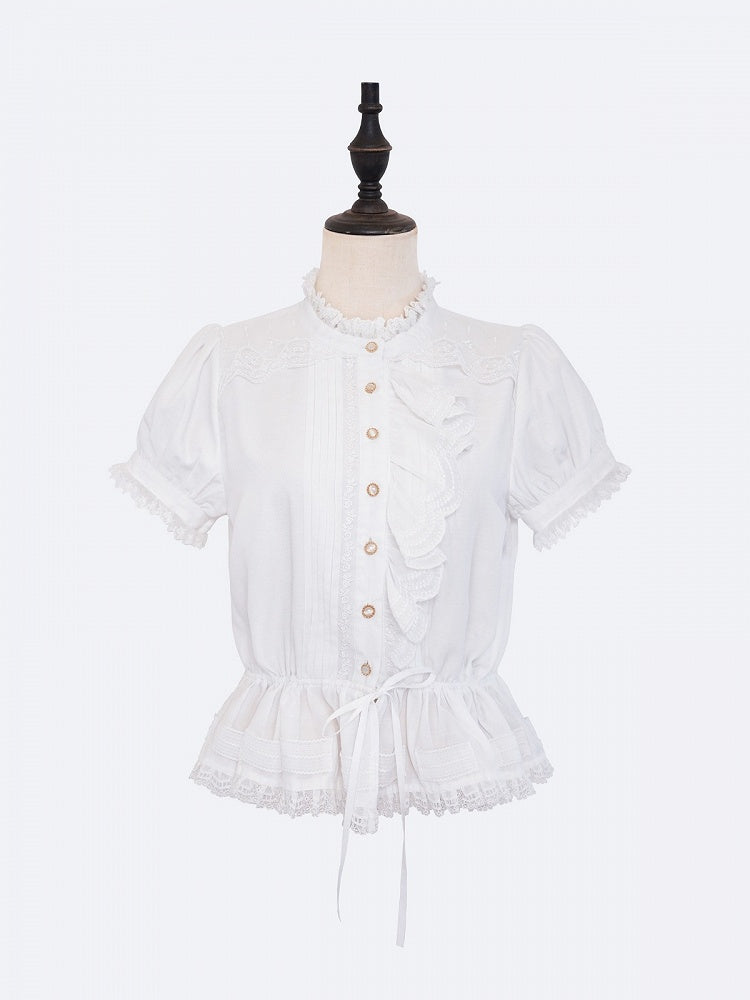 White Single-Sided Ruffles Elegant Lolita Blouse with Drawstring Belt