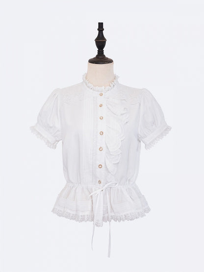 White Single-Sided Ruffles Elegant Lolita Blouse with Drawstring Belt