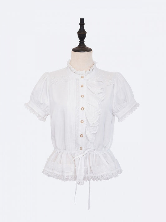 White Single-Sided Ruffles Elegant Lolita Blouse with Drawstring Belt