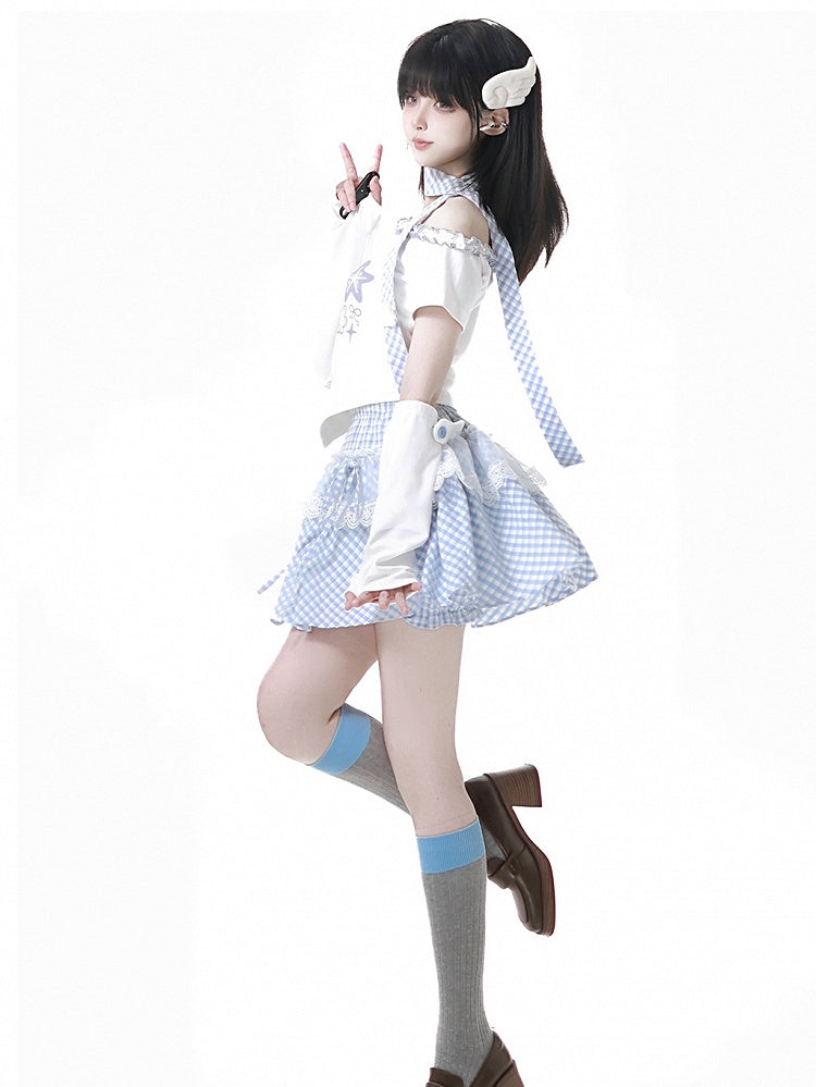 ブルーとスカーフのチェック柄、ピンク/ベビーヒトデと貝殻のプリント、フリル、アシンメトリーネックラインのTシャツ