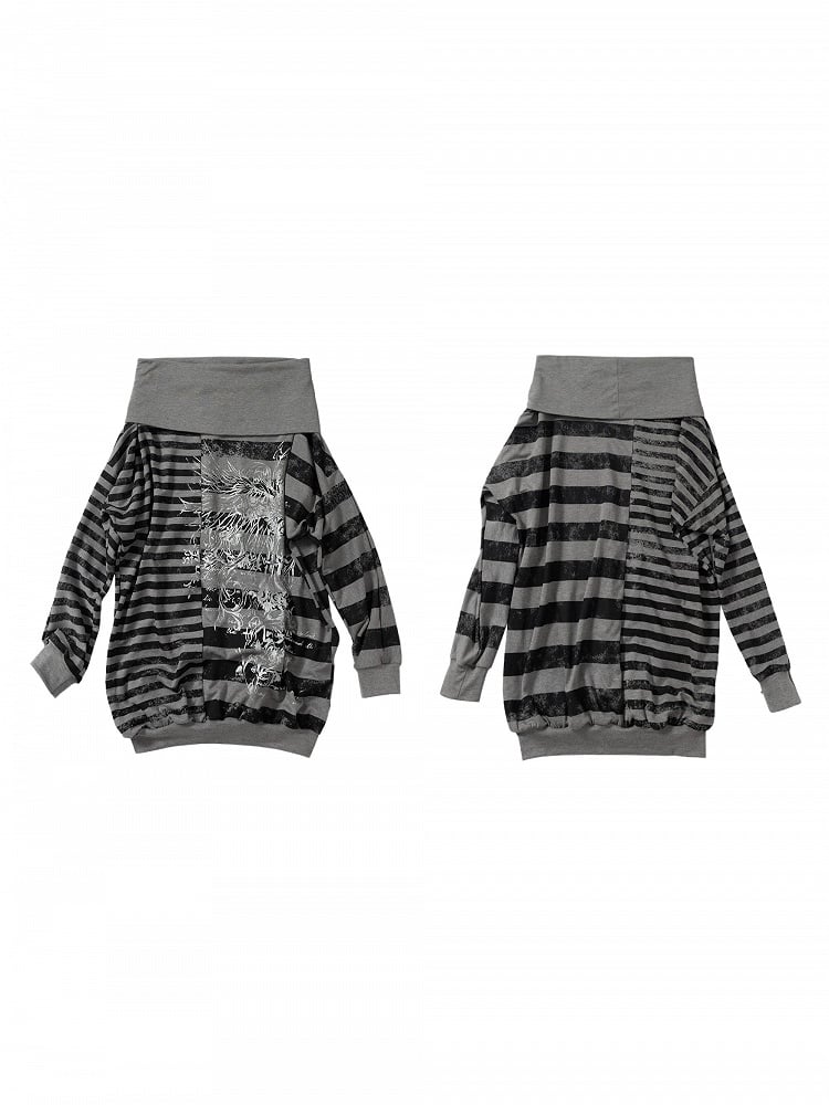 Black Sweatshirt Dress Print Stripes Cross Punk Off-Shoulder Versatile Batwing with Y2K Gray