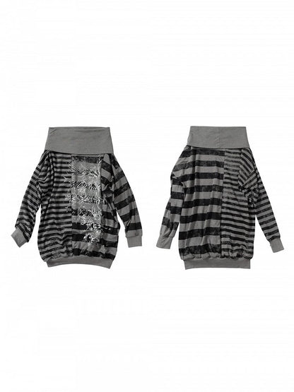Black Sweatshirt Dress Print Stripes Cross Punk Off-Shoulder Versatile Batwing with Y2K Gray