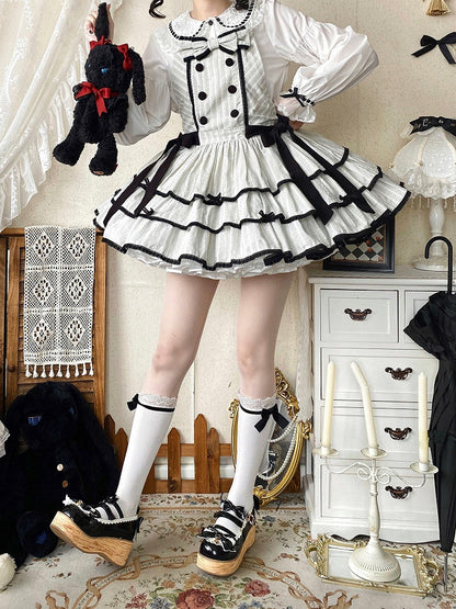Black Lace Accents Ruffle Sweet Striped Dress Trim with Bow and Layered Overall Lolita