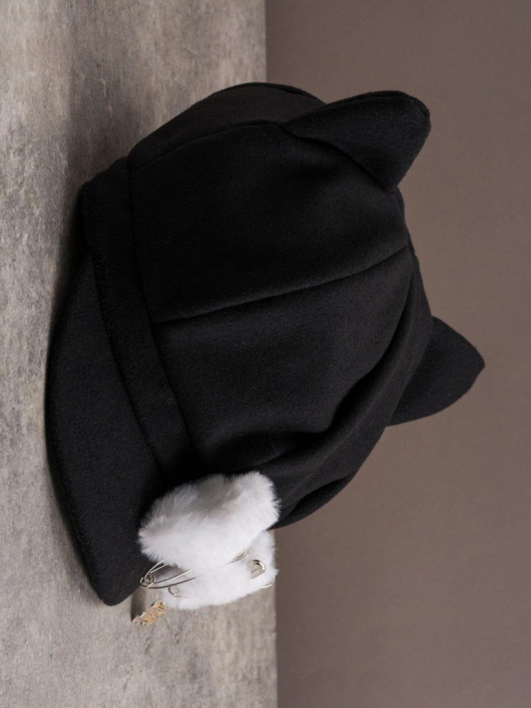 Gothic Decorated Bone Black Plush Pin Ear Hat Beret Design Cat