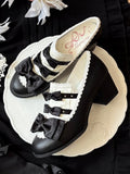 Bow Mid-heel Elegant Shoes Slip-on Lolita Scalloped Hem Accents White Black