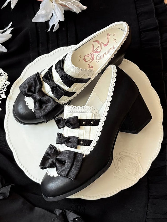 Bow Mid-heel Elegant Shoes Slip-on Lolita Scalloped Hem Accents White Black