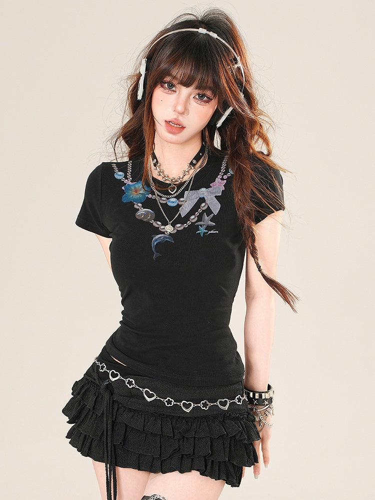 ブラックプリントのほろ苦いビーズが華やかなTシャツネックレス