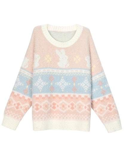 ピンクのかわいいウサギ柄ラウンドネックソフトセーター