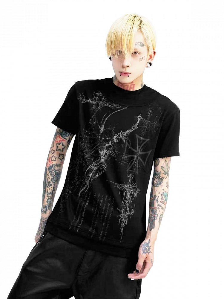 Edgy Genderless Black Double Collar Tee with Cross Graphic - DETW OnLine
