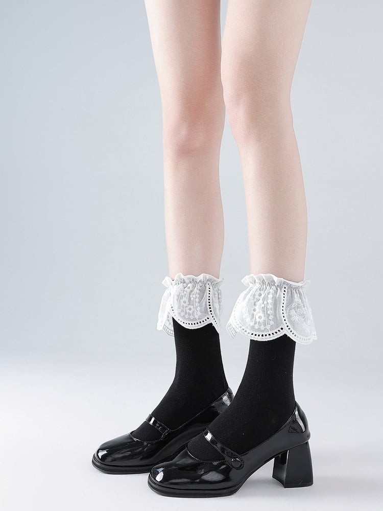 White/Black Lolita Ruffles Cutout Socks Lace Mid-Calf