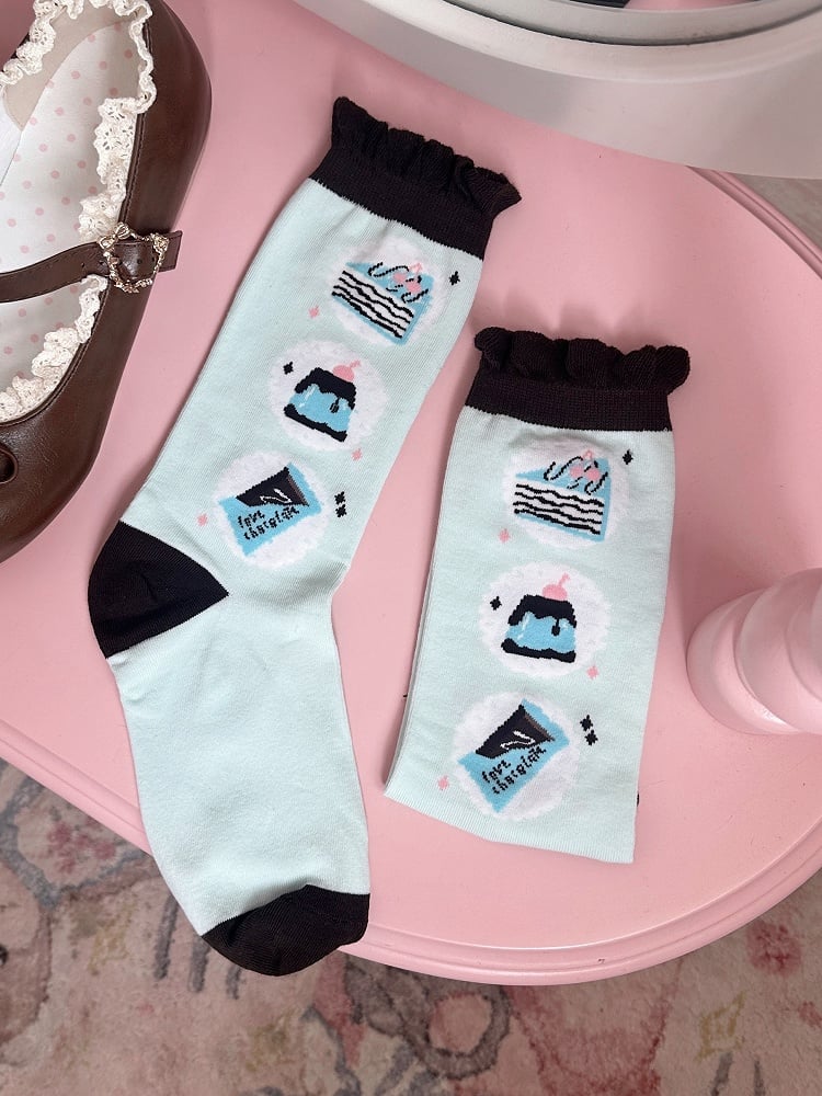 Mint Print Jelly Cake Chocolate Lolita Calf Socks Green