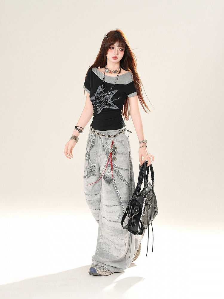 Graue Jeans mit weitem Bein und niedrigem Bund und Kettenmuster im Used-Look