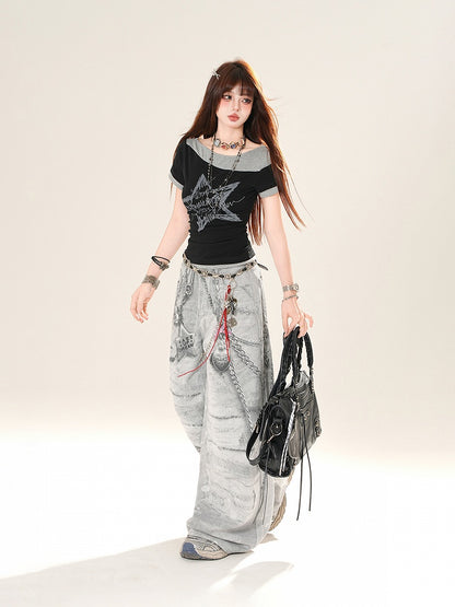 Graue Jeans mit weitem Bein und niedrigem Bund und Kettenmuster im Used-Look