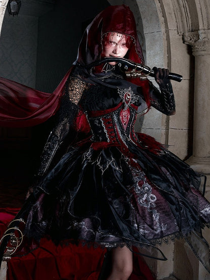 Black & Red Bone Dragon Embroidery Halter Neck Gothic Lolita Dress Set - Ying Luo Fu