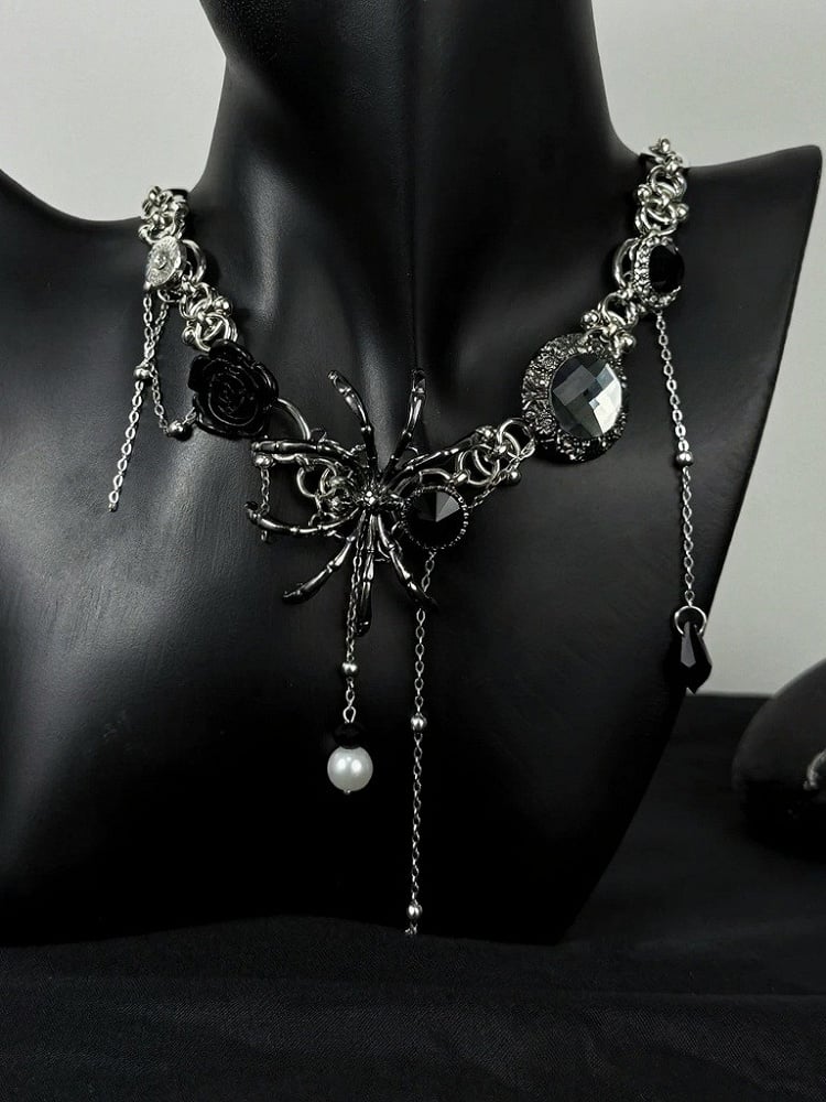 Gothic Silver Spider Choker with Floral Rhinestones - YSHXS