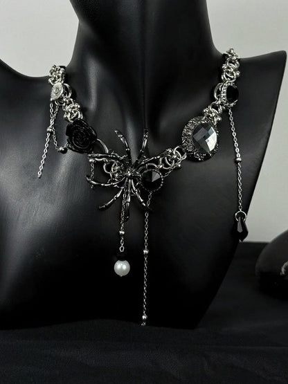 Gothic Silver Spider Choker with Floral Rhinestones - YSHXS
