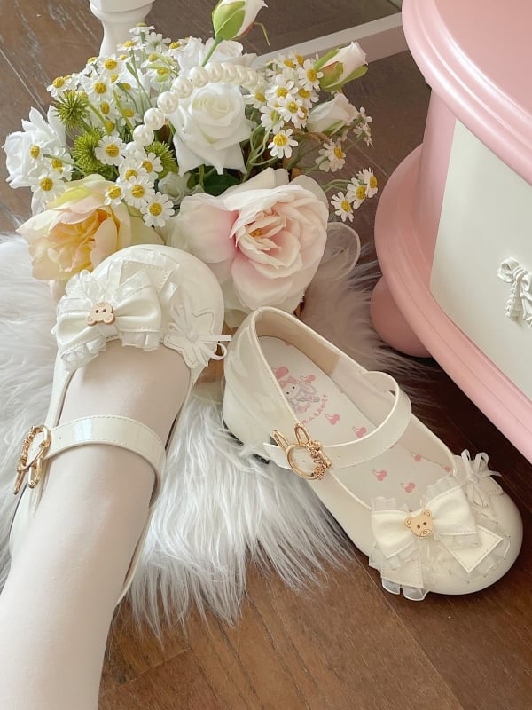 Bow Sweet Bunny-shaped Trimmed - Lace Mary Janes Toe Heeled 5cm White Round Fastener Decor Bear