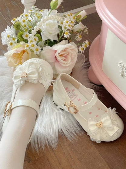 Bow Sweet Bunny-shaped Trimmed - Lace Mary Janes Toe Heeled 5cm White Round Fastener Decor Bear