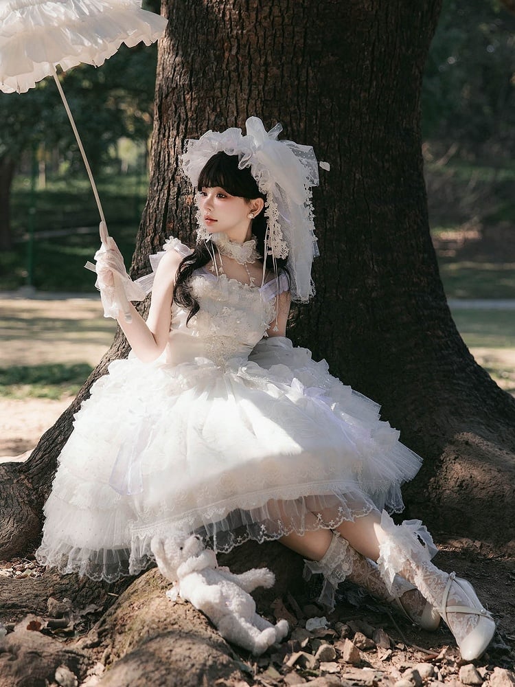 Lily Sweet of Lace Gloves Valley Embroidered Lolita Full Set Choker Veil + KC Head Dress White the