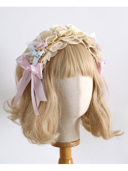 BluePink Hairband Decorated Lolita Sweet Beaded Ruffled Details Bowknot