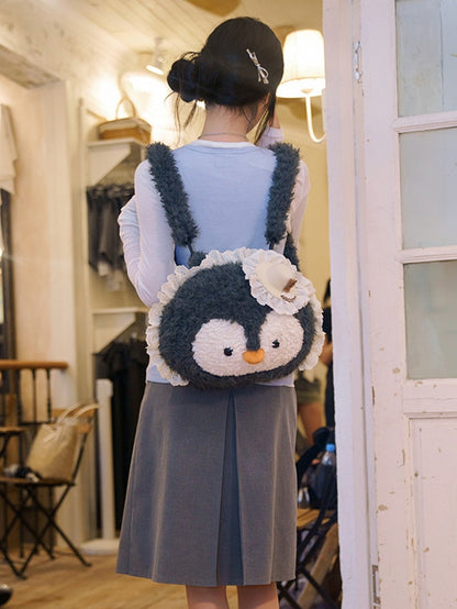 Backpack Gray Plush Penguin-shaped Trim Lace