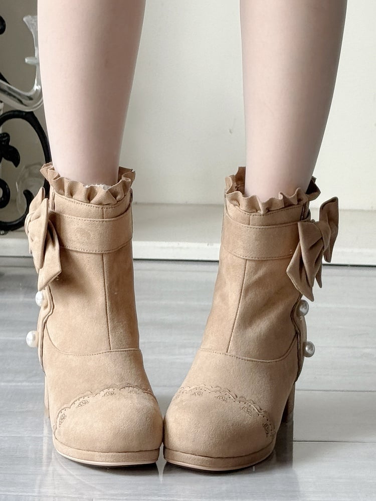 Beads Sophisticated Boots Lolita Mid-heel Khaki Details with