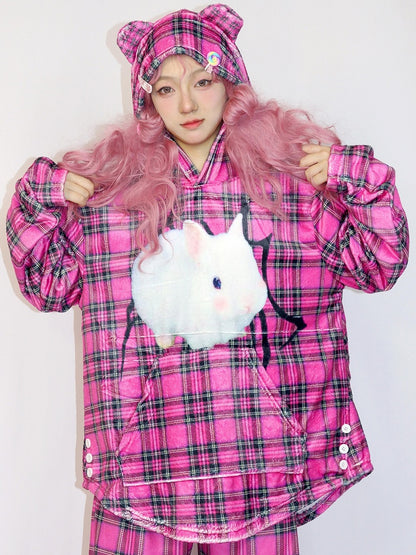Pattern Hoodie Plaid Oversized Rose Fashion Bunny Red Print Gyaru