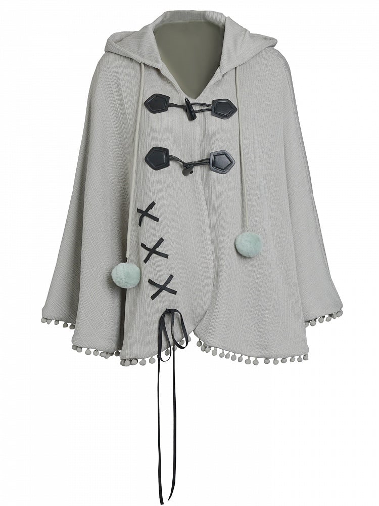Accents Lace-Up Pom-Pom with and Kei Hooded Design Green Dusty Cape Mori