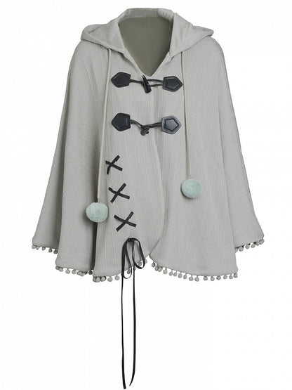 Accents Lace-Up Pom-Pom with and Kei Hooded Design Green Dusty Cape Mori
