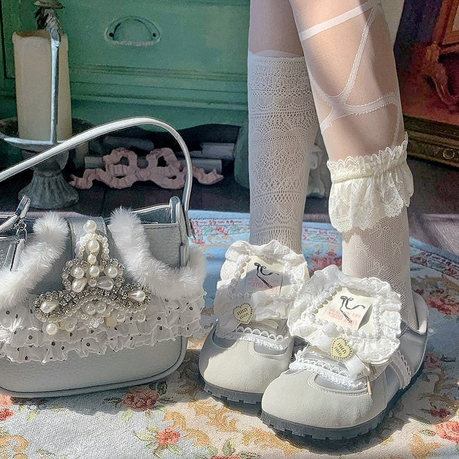 Style with Kawaii Flat Silver Trim Lace White Sneakers