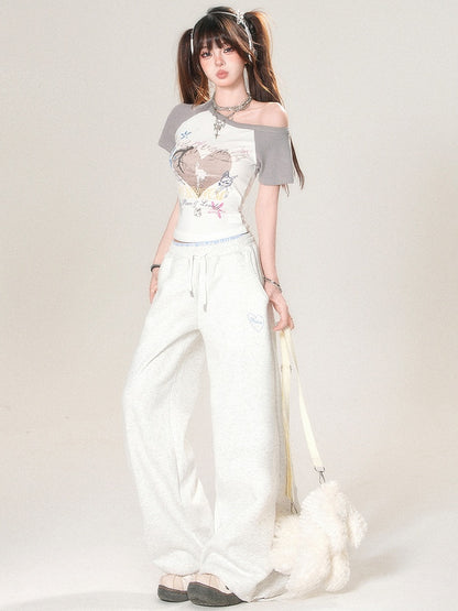 Stickerei Hell Weites Bein Grau Und Schnitt Buchstabenhose Trim Herz Spitze