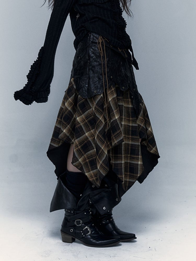 Corset Dress/Skirt: PU Studded Black 2-in-1 Hem Plaid Handkerchief Convertible Strapless