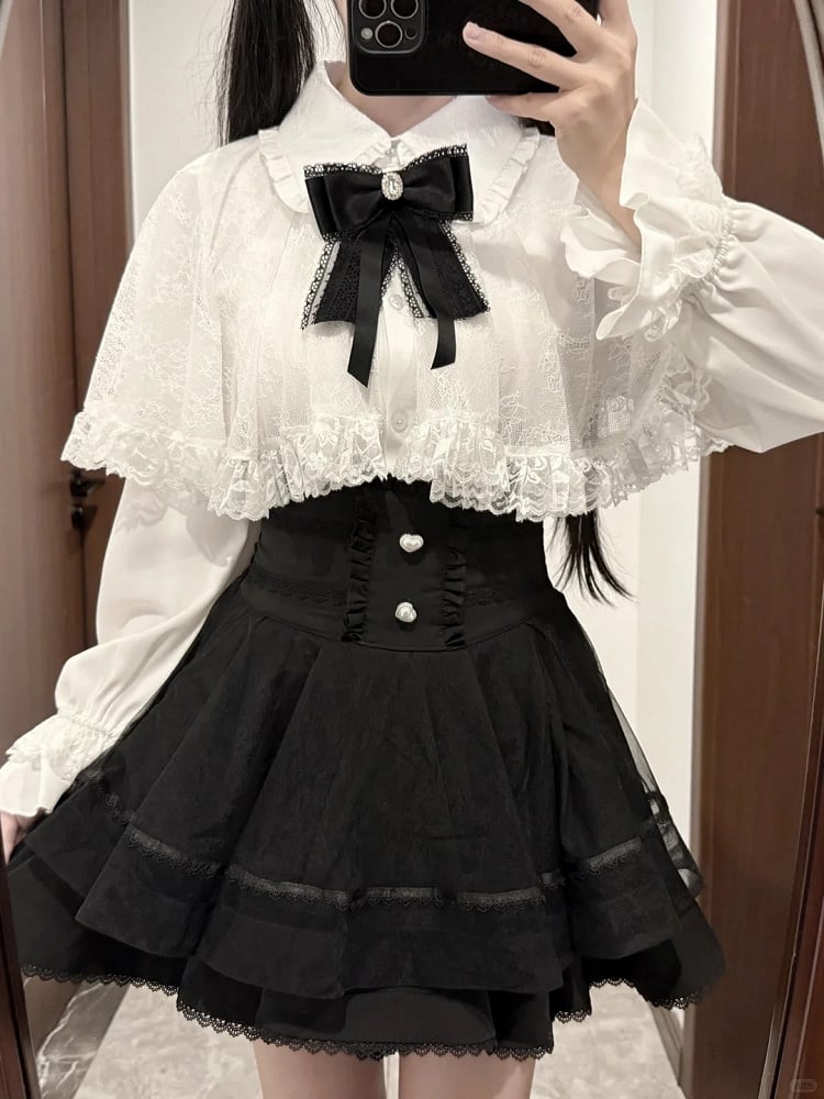 Cape with White Size Kei Tie Jirai Blouse Bow Lace Available Detachable Plus