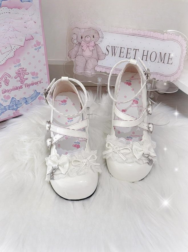 in with White PU Mid-heel Janes Mary Leather Bow Accents