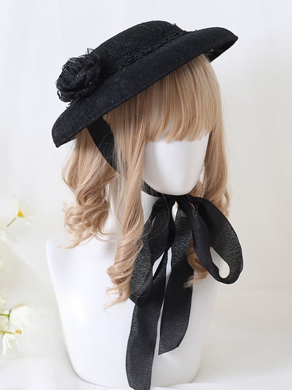 With Elegant Hat Black White / Flat Lolita Decoration Flower