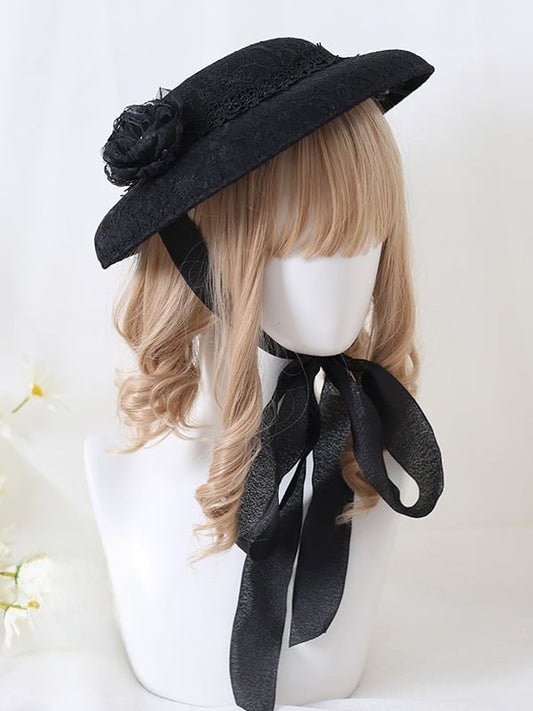 With Elegant Hat Black White / Flat Lolita Decoration Flower