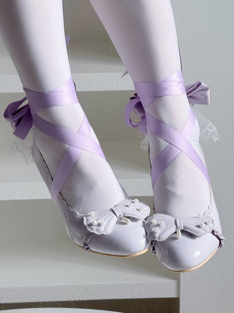 Purple Beaded Motif Mid-heel Elegant - Bow with Lolita Shell Scalloped Hem Pumps Ruffle Trim