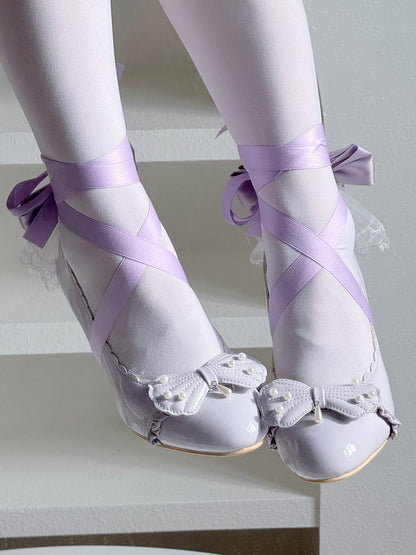 Purple Beaded Motif Mid-heel Elegant - Bow with Lolita Shell Scalloped Hem Pumps Ruffle Trim