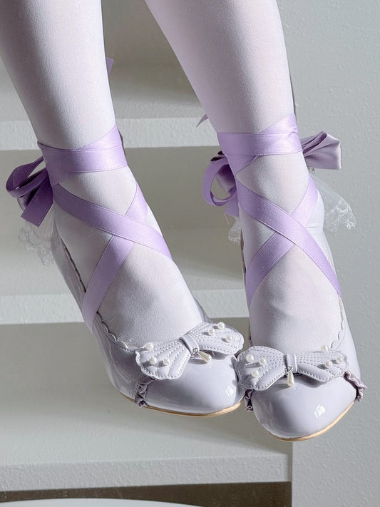 Purple Beaded Motif Mid-heel Elegant - Bow with Lolita Shell Scalloped Hem Pumps Ruffle Trim