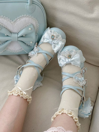 Bowknot-Träger Herz-Block-Design 5CM Heels Kreuzmuster Süße Schnalle Details Schuhe Lolita Blau