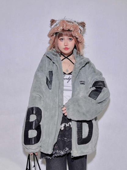 Gray Letter Appliques Baggy Long Sleeves Plush Coat