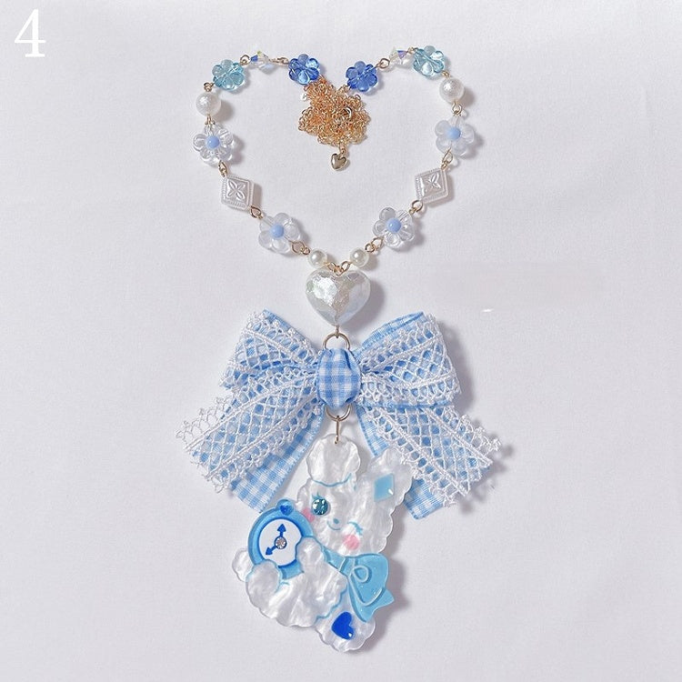 Hairclips/Keychain Blue Necklace/Rabbit Beads Ring/Rabbit Rabbit Pink Lace and Bow Pendant