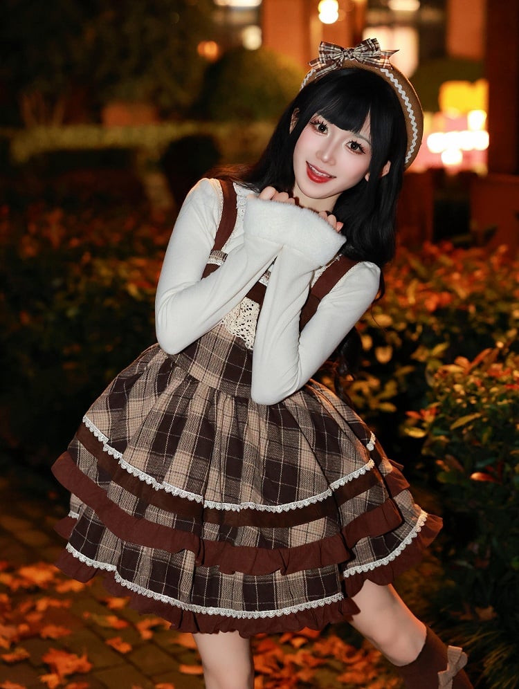 Pattern Autumnand Plaid Lolita Skirt Waist High Dress Brown Winter Jumper
