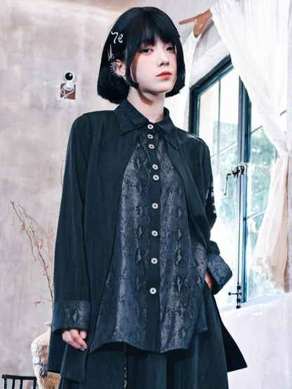 Black Collar Double-layered Shirt Gothic Snake Patchwork Print with Cheongsam