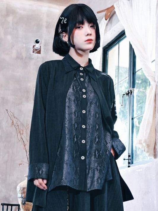 Black Collar Double-layered Shirt Gothic Snake Patchwork Print with Cheongsam