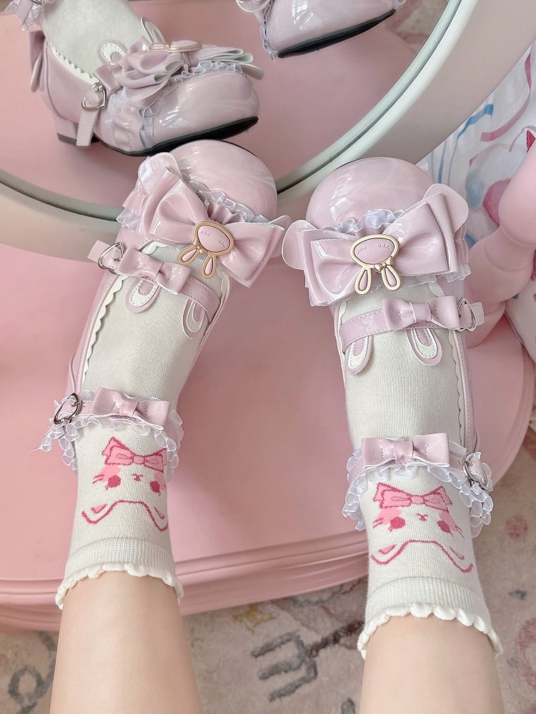 Kitty Ankle White Pink Print Socks Lolita