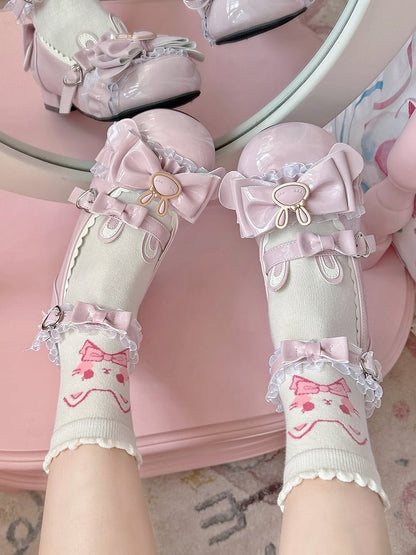 Kitty Ankle White Pink Print Socks Lolita